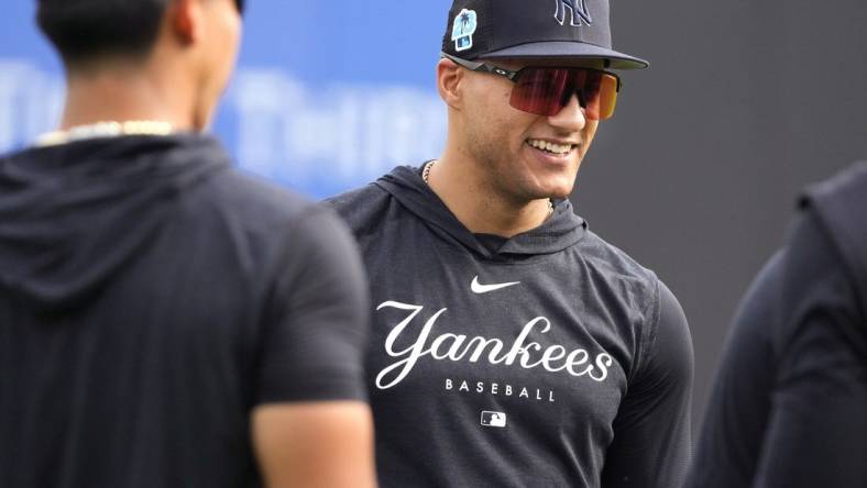 Feb 24, 2023; Tampa, FL, USA; New York Yankees center fielder Everson Pereira (93) warms up before spring training practice at Steinbrenner Field in Tampa, Florida. Mandatory Credit: Dave Nelson-USA TODAY Sports