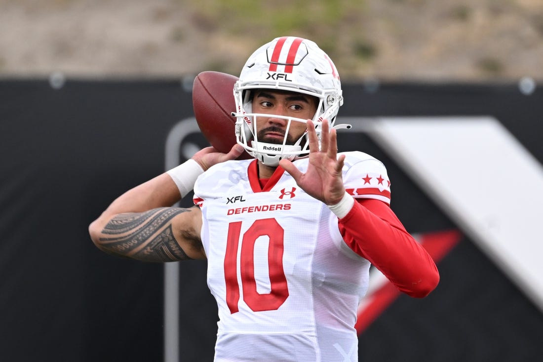 Feb 25, 2023; Las Vegas, NV, USA; D.C. Defenders quarterback Jordan Ta'amu (10) warms up before the game against the Vegas Vipers at Cashman Field. Mandatory Credit: Candice Ward-USA TODAY Sports