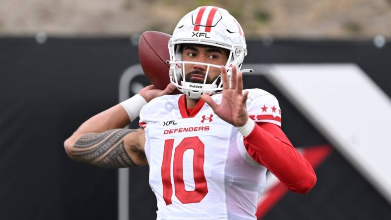 Feb 25, 2023; Las Vegas, NV, USA; D.C. Defenders quarterback Jordan Ta'amu (10) warms up before the game against the Vegas Vipers at Cashman Field. Mandatory Credit: Candice Ward-USA TODAY Sports