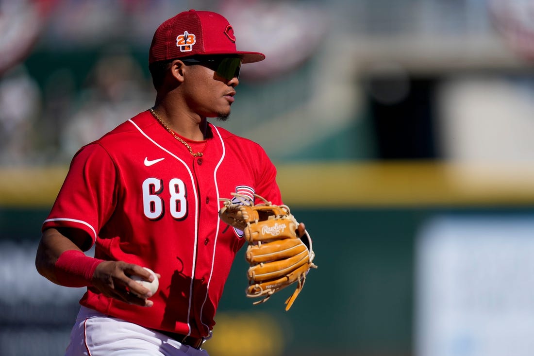 Cincinnati Reds shortstop Noelvi Marte (68) plays a ground ball off the bat of Cleveland Guardians Jhonkensy Noel in the sixth inning of the MLB Cactus League spring training game between the Cincinnati Reds and the Cleveland Guardians at Goodyear Ballpark in Goodyear, Ariz., on Saturday, Feb. 25, 2023.

Cleveland Guardians At Cincinnati Reds Spring Training