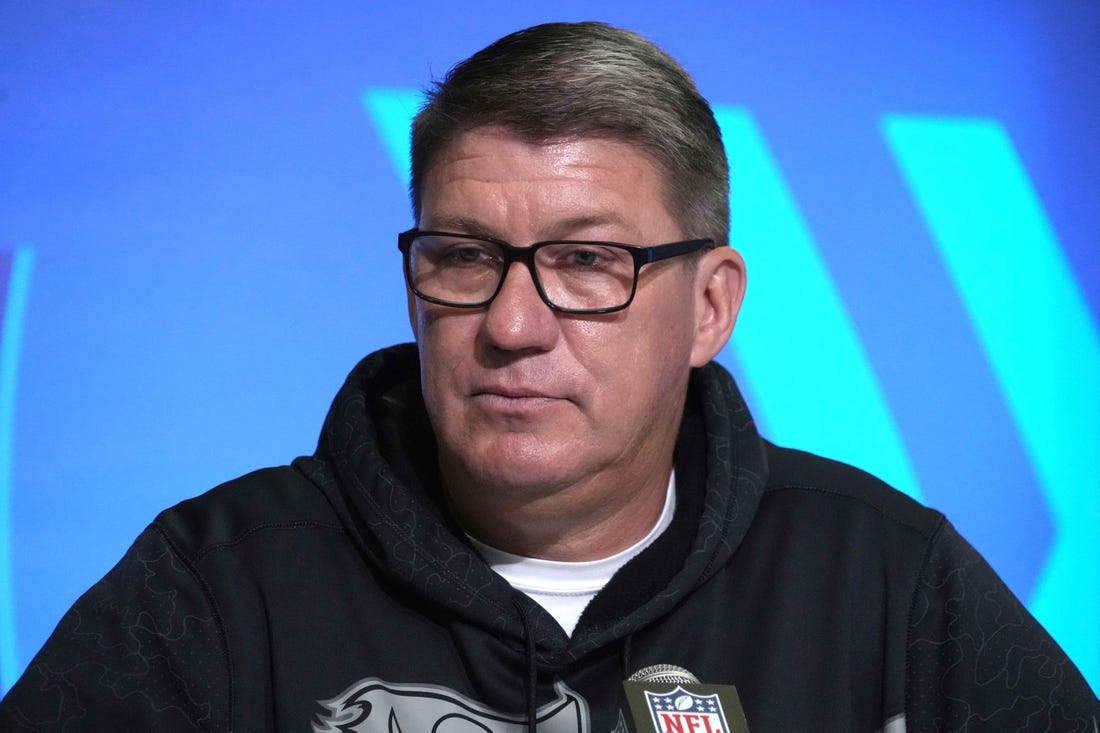 Feb 28, 2023; Indianapolis, IN, USA; Tampa Bay Buccaneers general manager Jason Licht during the NFL combine at the Indiana Convention Center. Mandatory Credit: Kirby Lee-USA TODAY Sports