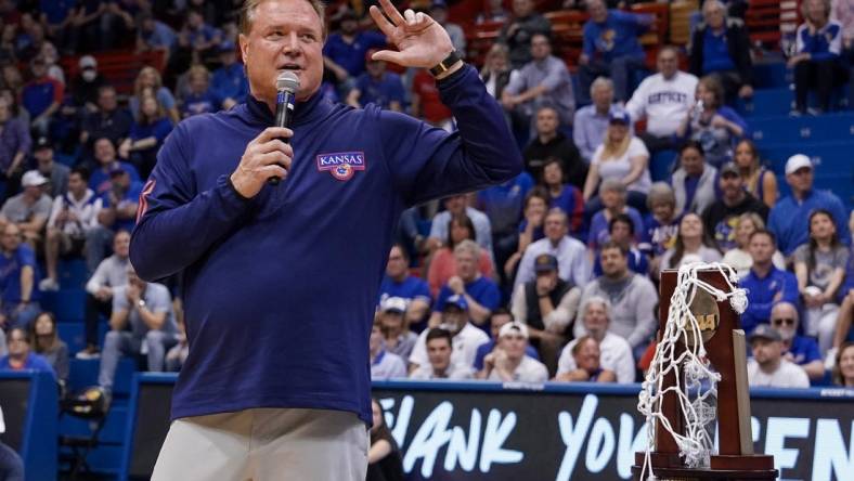 Feb 28, 2023; Lawrence, Kansas, USA; Kansas Jayhawks head coach Bill Self speaks during the Senior Day after the win over the Texas Tech Red Raiders at Allen Fieldhouse. Mandatory Credit: Denny Medley-USA TODAY Sports