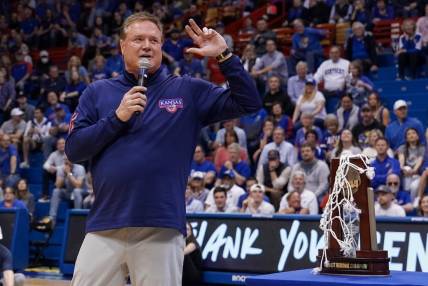 Feb 28, 2023; Lawrence, Kansas, USA; Kansas Jayhawks head coach Bill Self speaks during the Senior Day after the win over the Texas Tech Red Raiders at Allen Fieldhouse. Mandatory Credit: Denny Medley-USA TODAY Sports