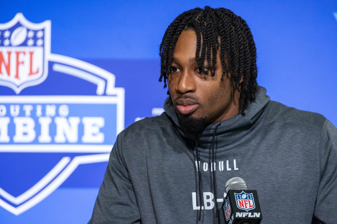 Mar 1, 2023; Indianapolis, IN, USA; Louisiana State linebacker B J Ojulari (LB20) speaks to the press at the NFL Combine at Lucas Oil Stadium. Mandatory Credit: Trevor Ruszkowski-USA TODAY Sports