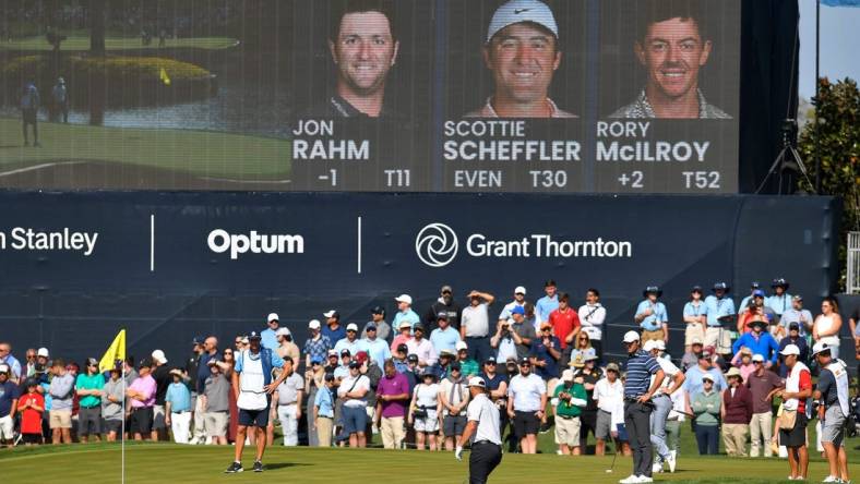 The group of Jon Rahm, Scottie Scheffler and Rory McIlroy on the green of island holes 17 during first round action of The Players Championship in Ponte Vedra Beach, FL, Thursday, March 9, 2023.

Jki 030923 Bs The Players Thursday 16