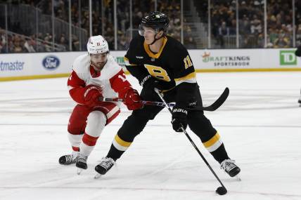 Mar 11, 2023; Boston, Massachusetts, USA; Detroit Red Wings right wing Filip Zadina (11) tries to slow down Boston Bruins center Trent Frederic (11) during the first period at TD Garden. Mandatory Credit: Winslow Townson-USA TODAY Sports
