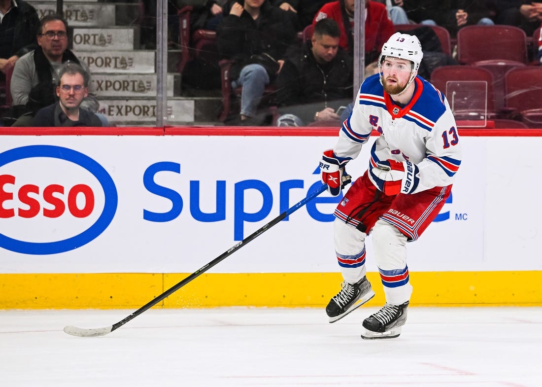 Mar 9, 2023; Montreal, Quebec, CAN; New York Rangers left wing Alexis Lafreniere (13) against the Montreal Canadiens during the third period at Bell Centre. Mandatory Credit: David Kirouac-USA TODAY Sports