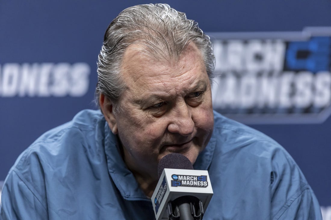 Mar 15, 2023; Birmingham, AL, USA; West Virginia Mountaineers head coach Bob Huggins talks with the media before practice at Legacy Arena. Mandatory Credit: Vasha Hunt-USA TODAY Sports