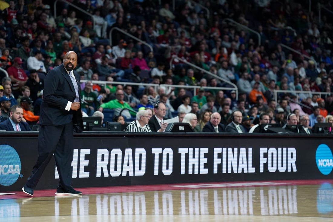 Mar 17, 2023; Albany, NY, USA; Indiana Hoosiers head coach Mike Woodson reacts in the first half against the Kent State Golden Flashes at MVP Arena. Mandatory Credit: David Butler II-USA TODAY Sports