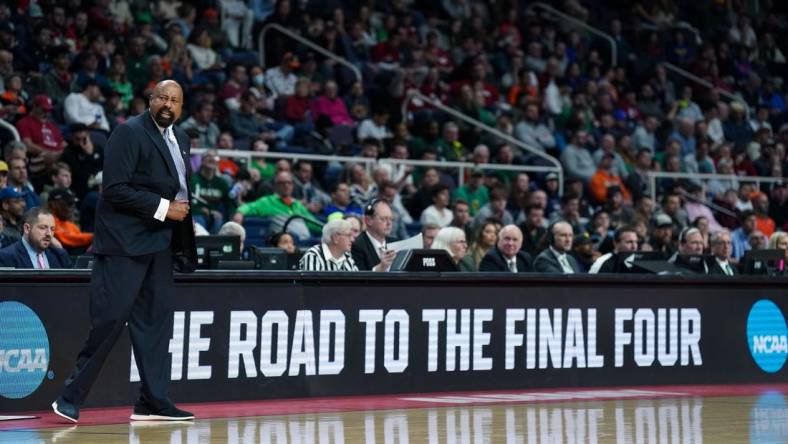 Mar 17, 2023; Albany, NY, USA; Indiana Hoosiers head coach Mike Woodson reacts in the first half against the Kent State Golden Flashes at MVP Arena. Mandatory Credit: David Butler II-USA TODAY Sports