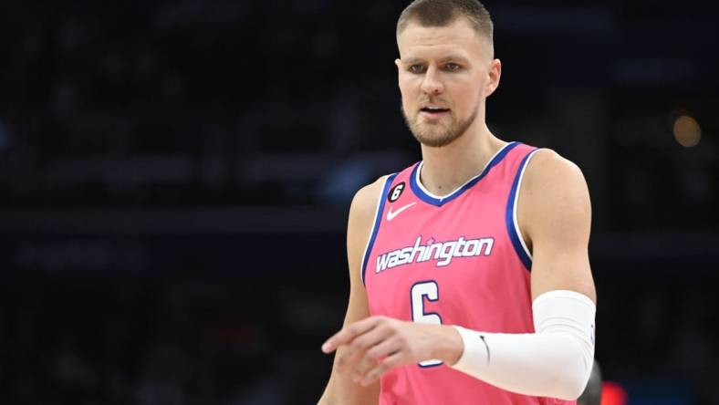 Mar 22, 2023; Washington, District of Columbia, USA; Washington Wizards center Kristaps Porzingis (6) on the court against the Denver Nuggets during the second half at Capital One Arena. Mandatory Credit: Brad Mills-USA TODAY Sports