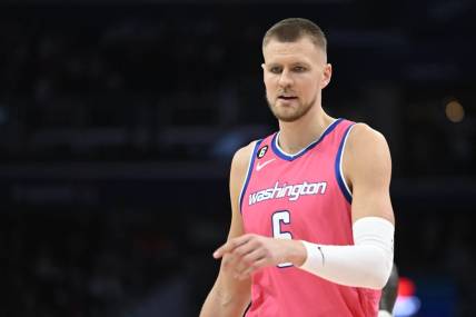 Mar 22, 2023; Washington, District of Columbia, USA; Washington Wizards center Kristaps Porzingis (6) on the court against the Denver Nuggets during the second half at Capital One Arena. Mandatory Credit: Brad Mills-USA TODAY Sports