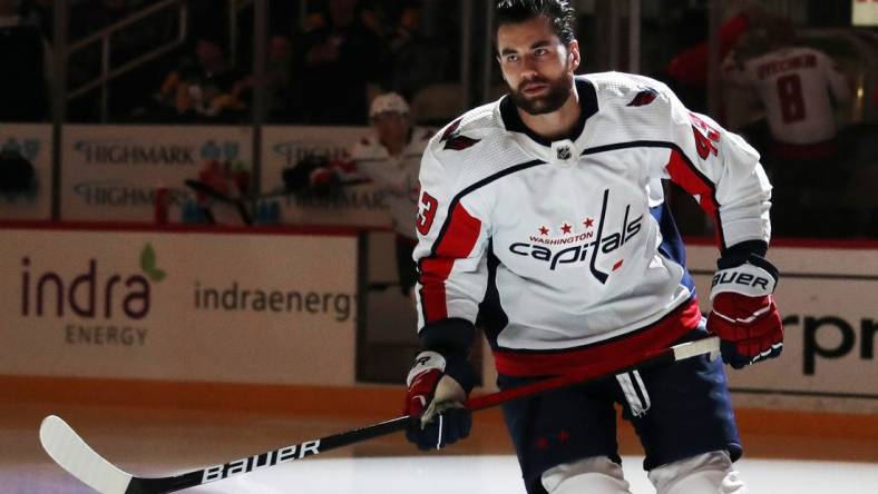 Mar 25, 2023; Pittsburgh, Pennsylvania, USA;  Washington Capitals right wing Tom Wilson (43) takes the ice to warm up before the game against the Pittsburgh Penguins at PPG Paints Arena. Mandatory Credit: Charles LeClaire-USA TODAY Sports