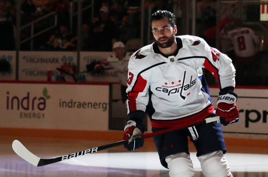 Mar 25, 2023; Pittsburgh, Pennsylvania, USA;  Washington Capitals right wing Tom Wilson (43) takes the ice to warm up before the game against the Pittsburgh Penguins at PPG Paints Arena. Mandatory Credit: Charles LeClaire-USA TODAY Sports