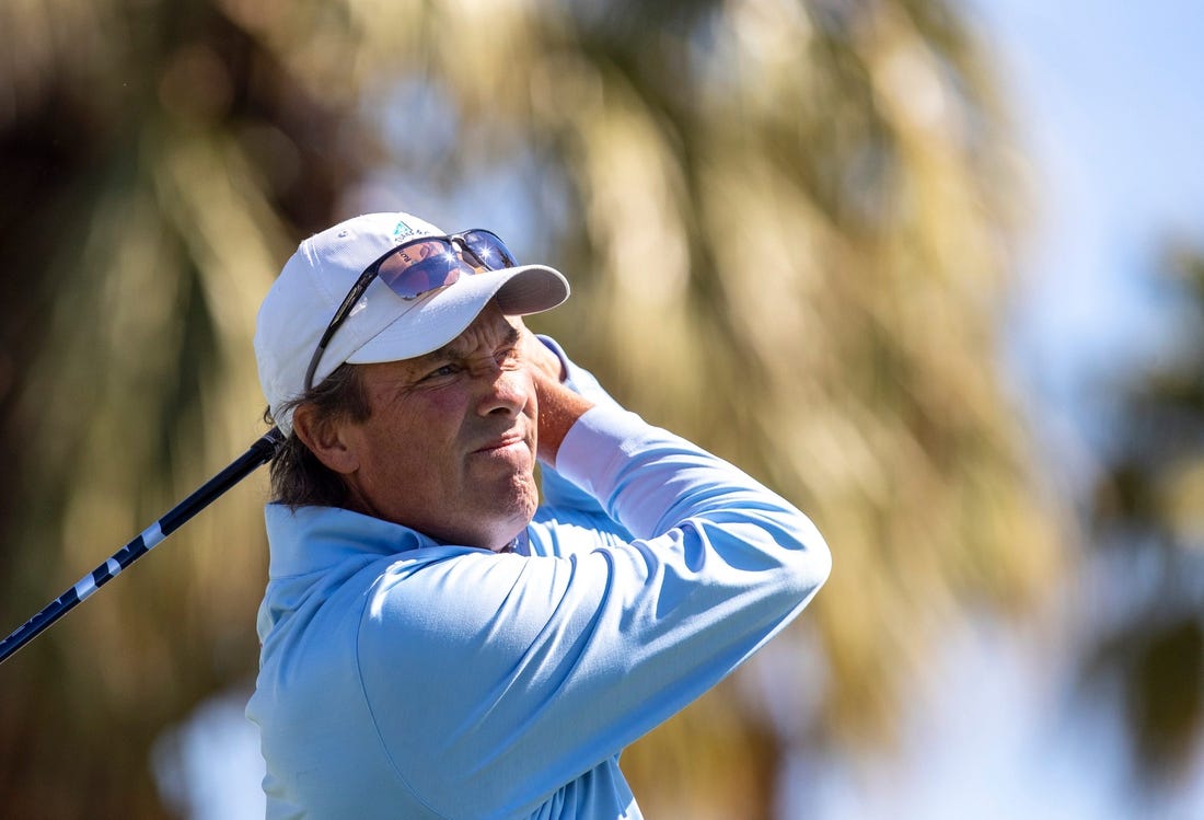 Stephen Ames tees off on 11 during the final round of the Galleri Classic in Rancho Mirage, Calif., Sunday, March 26, 2023.