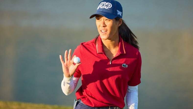 Celine Boutier waves to the crowd after setting up a playoff round with Georgia Hall during the final round of the LPGA Drive On Championship on the Prospector Course at Superstition Mountain Golf and Country Club in Gold Canyon on March 26, 2023.

Lpga At Superstition Mountain Final Round