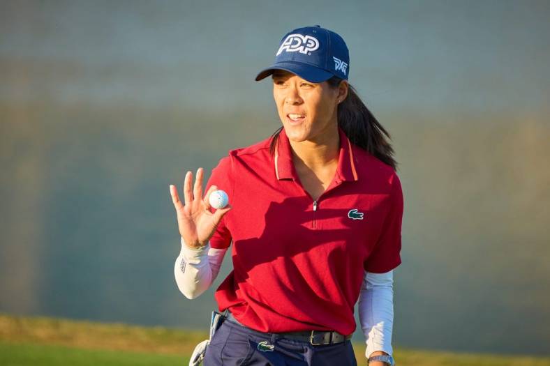 Celine Boutier waves to the crowd after setting up a playoff round with Georgia Hall during the final round of the LPGA Drive On Championship on the Prospector Course at Superstition Mountain Golf and Country Club in Gold Canyon on March 26, 2023.

Lpga At Superstition Mountain Final Round