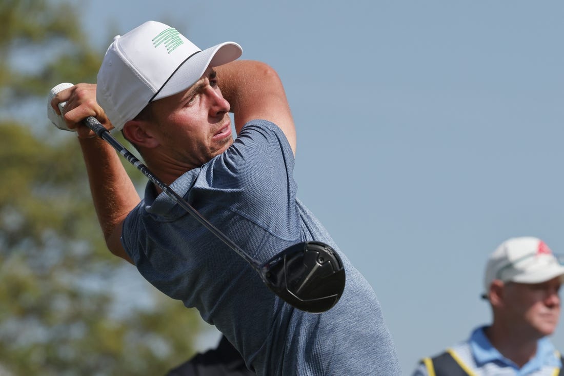 Apr 1, 2023; Orlando, Florida, USA; Peter Uihlein of the Aces golf club plays his shot from the fifth tee during the second round of a LIV Golf event at Orange County National. Mandatory Credit: Reinhold Matay-USA TODAY Sports