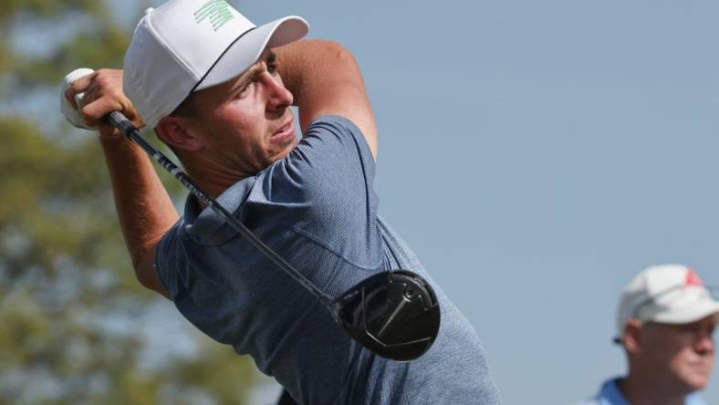 Apr 1, 2023; Orlando, Florida, USA; Peter Uihlein of the Aces golf club plays his shot from the fifth tee during the second round of a LIV Golf event at Orange County National. Mandatory Credit: Reinhold Matay-USA TODAY Sports