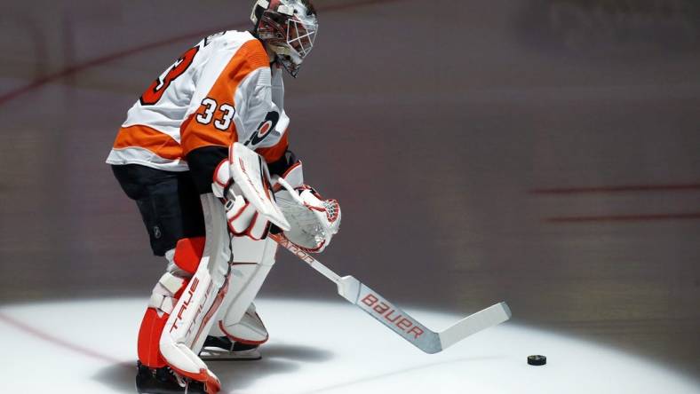 Apr 2, 2023; Pittsburgh, Pennsylvania, USA;  Philadelphia Flyers goaltender Samuel Ersson (33) takes the ice to warm up before the game against the Pittsburgh Penguins at PPG Paints Arena. Mandatory Credit: Charles LeClaire-USA TODAY Sports