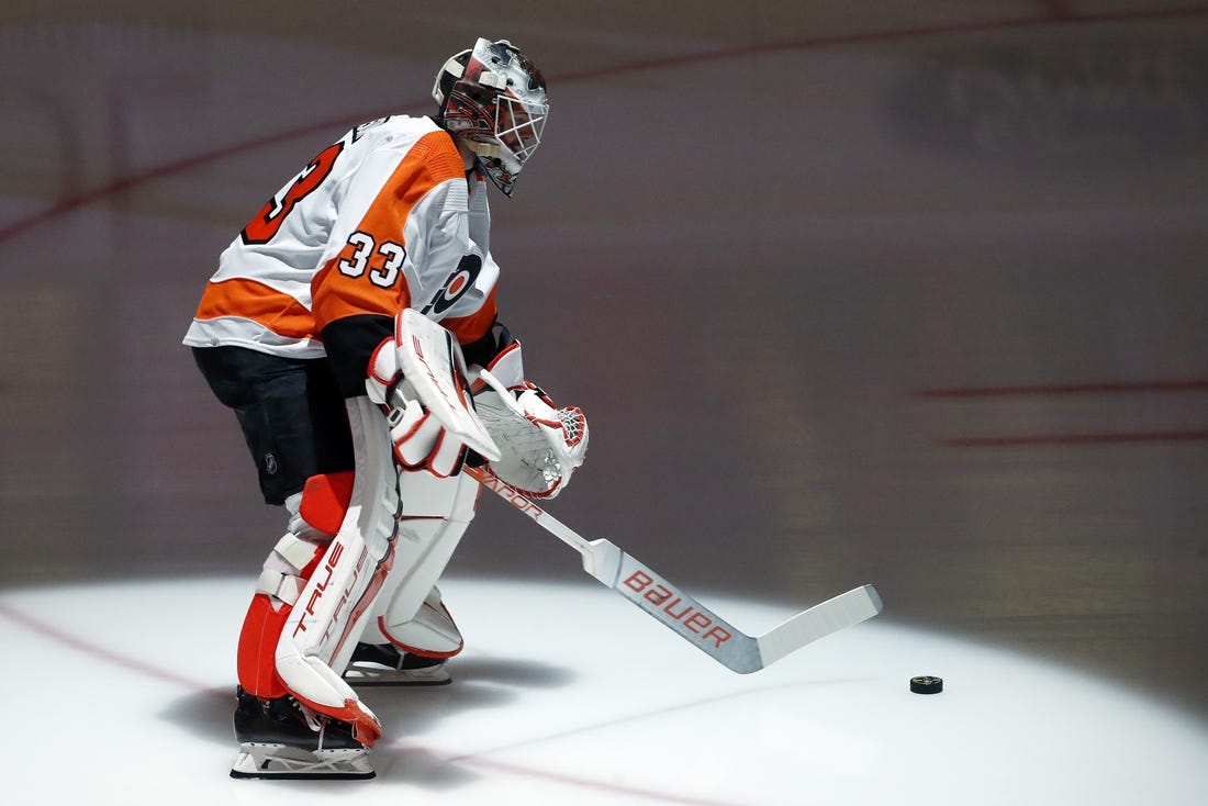 Apr 2, 2023; Pittsburgh, Pennsylvania, USA;  Philadelphia Flyers goaltender Samuel Ersson (33) takes the ice to warm up before the game against the Pittsburgh Penguins at PPG Paints Arena. Mandatory Credit: Charles LeClaire-USA TODAY Sports