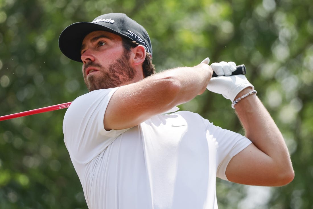 Apr 2, 2023; Orlando, Florida, USA; Matthew Wolff of the Smash golf club plays his shot from the seventh tee during the final round of a LIV Golf event at Orange County National. Mandatory Credit: Reinhold Matay-USA TODAY Sports