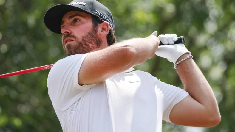 Apr 2, 2023; Orlando, Florida, USA; Matthew Wolff of the Smash golf club plays his shot from the seventh tee during the final round of a LIV Golf event at Orange County National. Mandatory Credit: Reinhold Matay-USA TODAY Sports