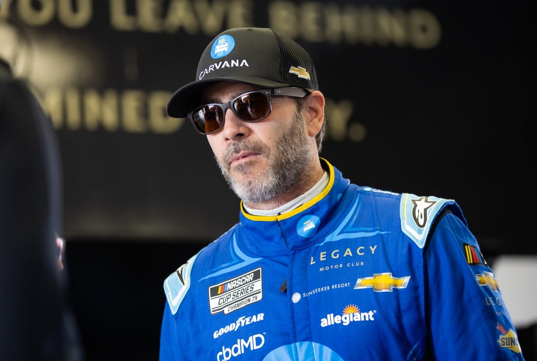 Feb 18, 2023; Daytona Beach, Florida, USA; NASCAR Cup Series driver Jimmie Johnson during practice for the Daytona 500 at Daytona International Speedway. Mandatory Credit: Mark J. Rebilas-USA TODAY Sports