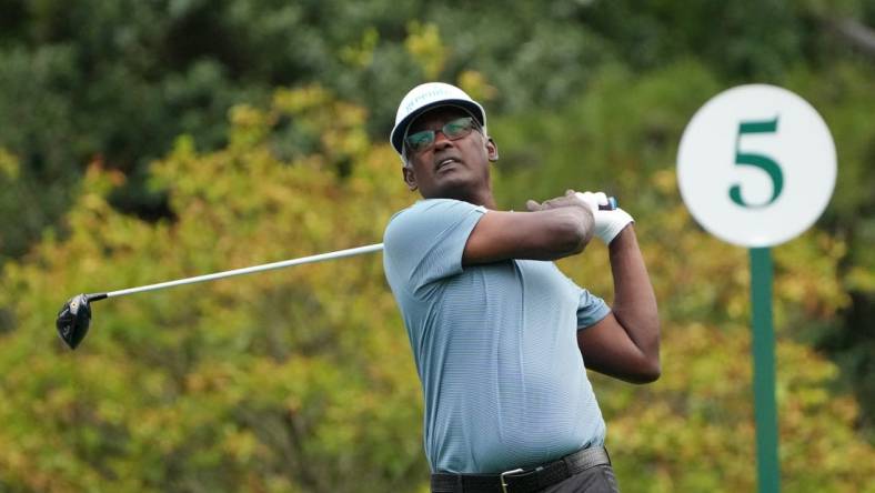 Apr 6, 2023; Augusta, Georgia, USA; Vijay Singh tees off on the fifth hole during the first round of The Masters golf tournament. Mandatory Credit: Kyle Terada-USA TODAY Network