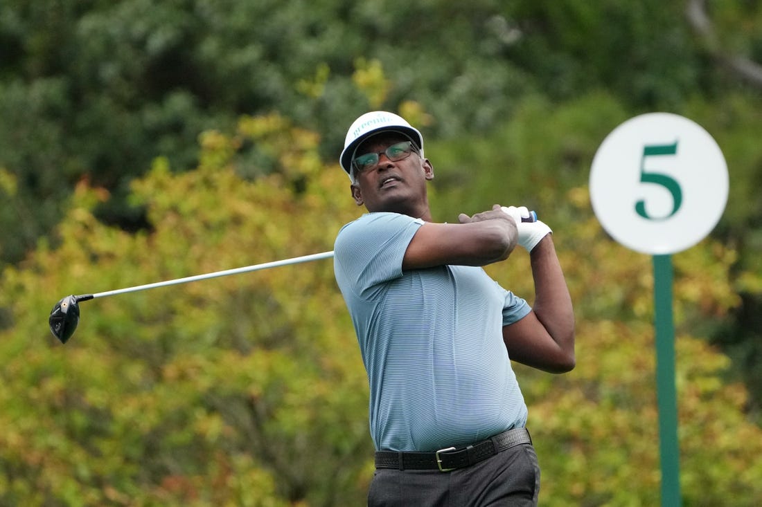 Apr 6, 2023; Augusta, Georgia, USA; Vijay Singh tees off on the fifth hole during the first round of The Masters golf tournament. Mandatory Credit: Kyle Terada-USA TODAY Network