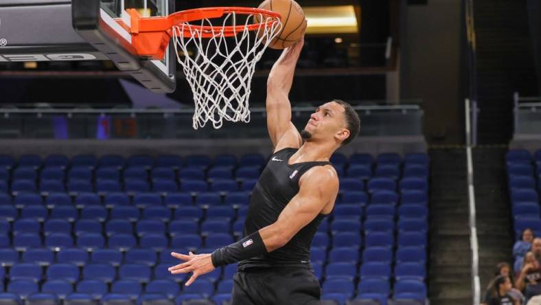 Apr 6, 2023; Orlando, Florida, USA; Orlando Magic forward Paolo Banchero (5) warms up before the game against the Cleveland Cavaliers at Amway Center. Mandatory Credit: Mike Watters-USA TODAY Sports