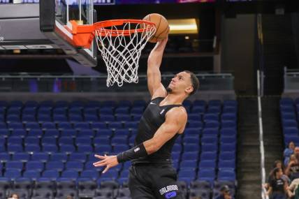 Apr 6, 2023; Orlando, Florida, USA; Orlando Magic forward Paolo Banchero (5) warms up before the game against the Cleveland Cavaliers at Amway Center. Mandatory Credit: Mike Watters-USA TODAY Sports