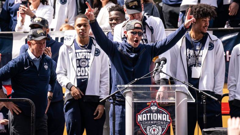 Apr 8, 2023; Hartford, CT, USA; UConn Huskies head coach Dan Hurley reacts to the crowd as he and the team are honored with a parade through downtown Hartford. Mandatory Credit: David Butler II-USA TODAY Sports