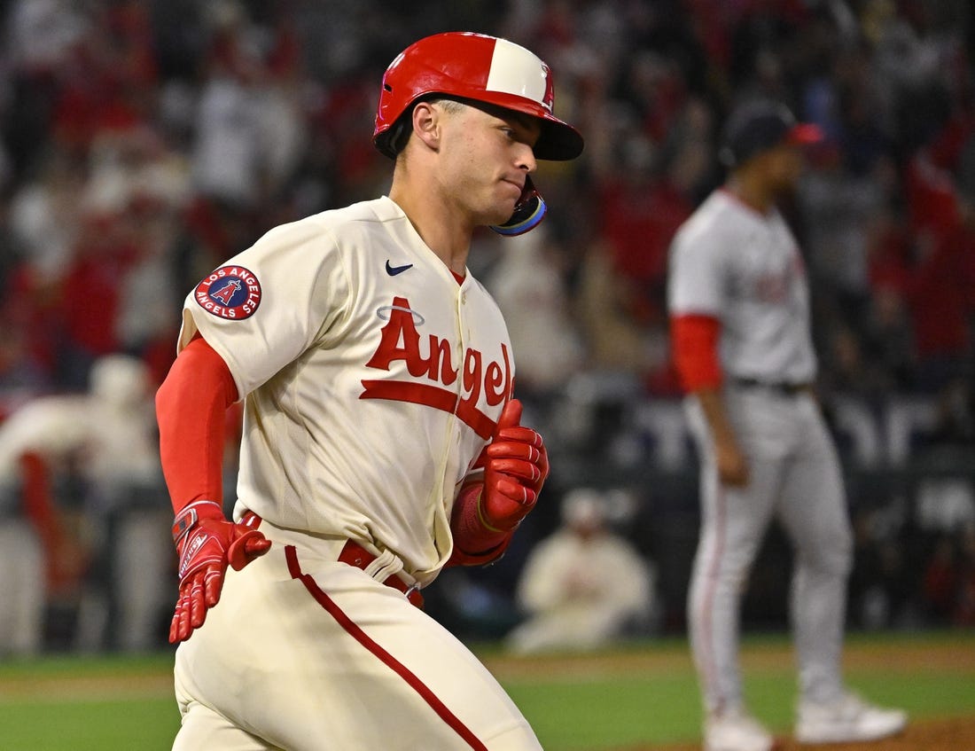 Apr 11, 2023; Anaheim, California, USA; Los Angeles Angels catcher Logan O'Hoppe (14) heads to first on a solo home run in the sixth inning against the Washington Nationals at Angel Stadium. Mandatory Credit: Jayne Kamin-Oncea-USA TODAY Sports