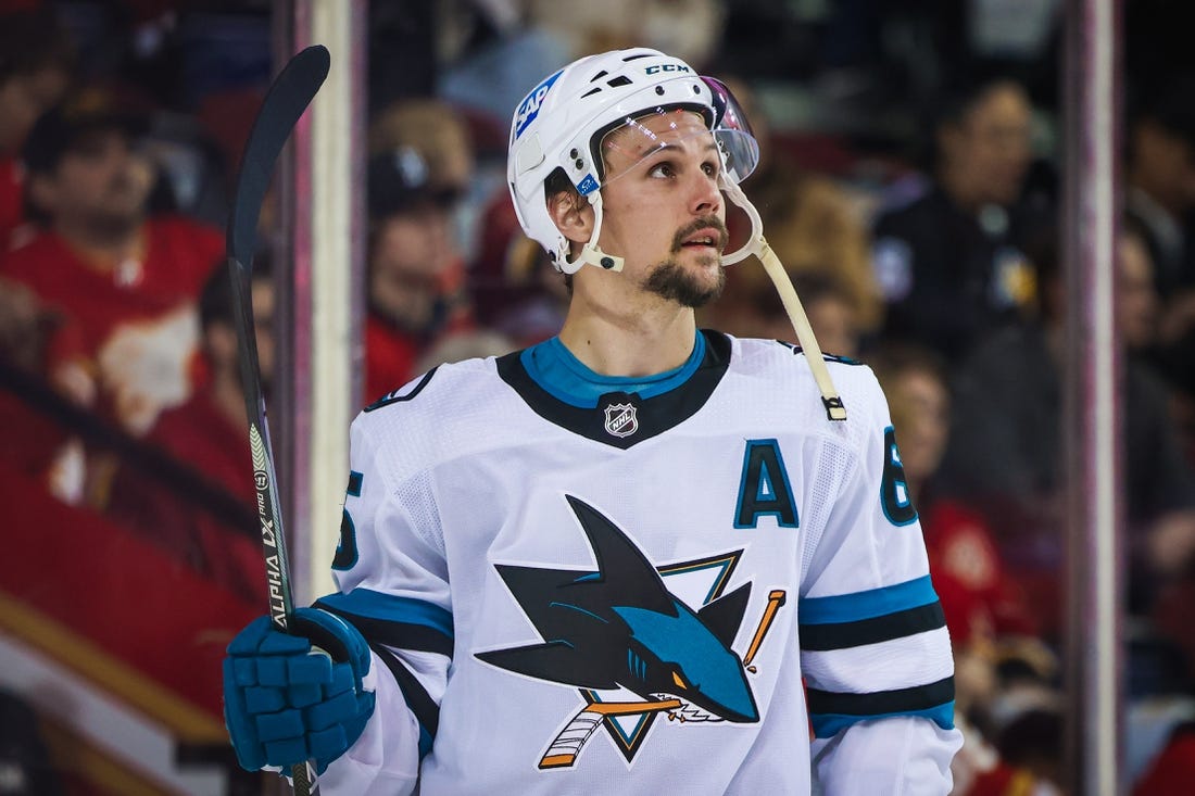 Apr 12, 2023; Calgary, Alberta, CAN; San Jose Sharks defenseman Erik Karlsson (65) during the second period against the Calgary Flames at Scotiabank Saddledome. Mandatory Credit: Sergei Belski-USA TODAY Sports