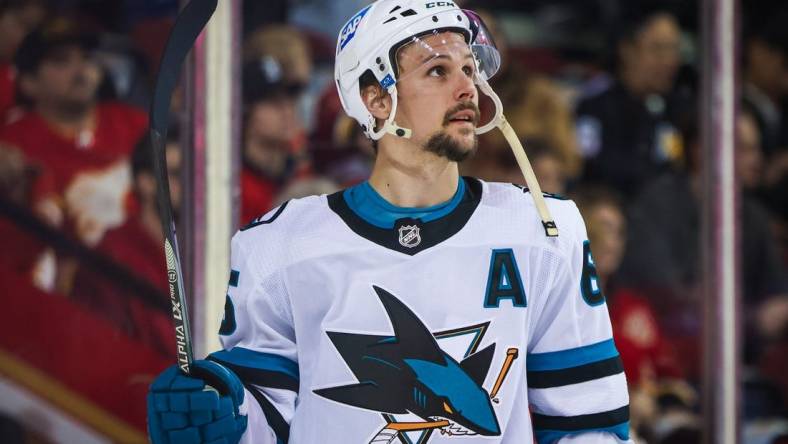 Apr 12, 2023; Calgary, Alberta, CAN; San Jose Sharks defenseman Erik Karlsson (65) during the second period against the Calgary Flames at Scotiabank Saddledome. Mandatory Credit: Sergei Belski-USA TODAY Sports