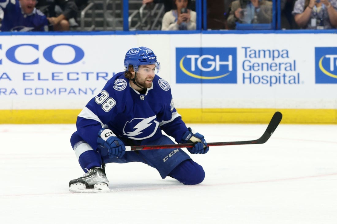 Apr 13, 2023; Tampa, Florida, USA; Tampa Bay Lightning left wing Brandon Hagel (38) scores a goal against the Detroit Red Wings during the third period at Amalie Arena. Mandatory Credit: Kim Klement-USA TODAY Sports