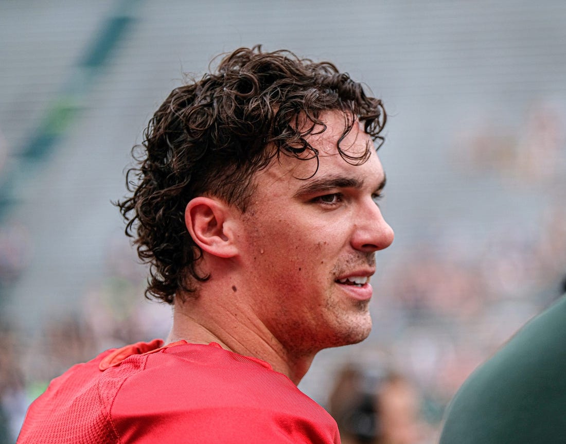 Quarterback Payton Thorne (10) takes a break between shifts at the Spring Game at Spartan Stadium Saturday, April 15, 2023.

Spring Game 15