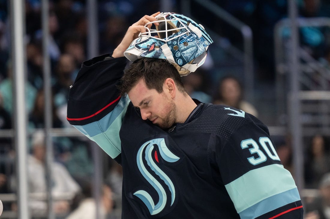 Apr 1, 2023; Seattle, Washington, USA; Seattle Kraken goalie Martin Jones (30) puts on his helmet during a game against the Los Angeles Kings at Climate Pledge Arena. Mandatory Credit: Stephen Brashear-USA TODAY Sports