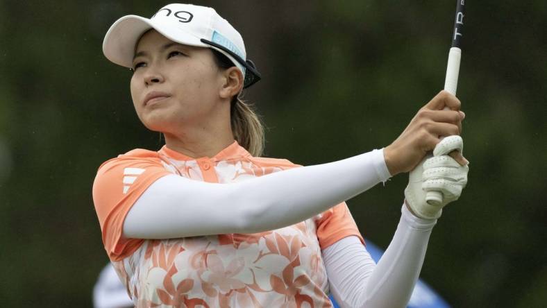 Apr 20, 2023; The Woodlands, Texas, USA; Hinako Shibuno  (JAP) drives off the sixth tee during the first round of The Chevron Championship golf tournament. Mandatory Credit: Thomas Shea-USA TODAY Sports