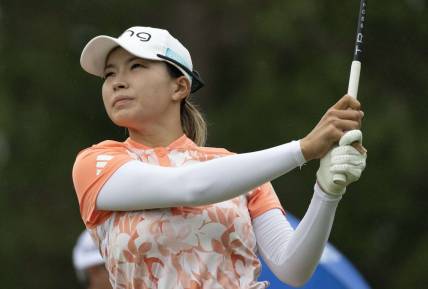 Apr 20, 2023; The Woodlands, Texas, USA; Hinako Shibuno  (JAP) drives off the sixth tee during the first round of The Chevron Championship golf tournament. Mandatory Credit: Thomas Shea-USA TODAY Sports