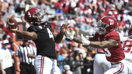 No depth chart was released by Alabama on Monday, meaning quarterback Jalen Milroe (4) and others are still competing for their spots. Mandatory Credit: Gary Cosby-USA TODAY Sports