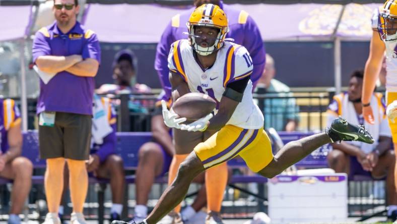 Denver Harris 11 makes a catch during the LSU Tigers Spring Game at Tiger Stadium in Baton Rouge, LA. SCOTT CLAUSE/USA TODAY NETWORK.  Saturday, April 22, 2023.

Lsu Spring Football 9726