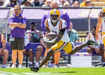 Denver Harris 11 makes a catch during the LSU Tigers Spring Game at Tiger Stadium in Baton Rouge, LA. SCOTT CLAUSE/USA TODAY NETWORK.  Saturday, April 22, 2023.

Lsu Spring Football 9726