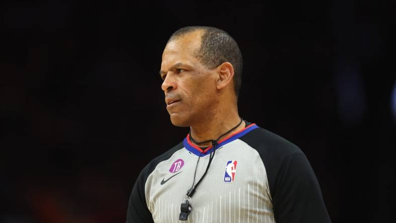 Apr 18, 2023; Phoenix, Arizona, USA; NBA referee Eric Lewis during the Phoenix Suns against the Los Angeles Clippers during game two of the 2023 NBA playoffs at Footprint Center. Mandatory Credit: Mark J. Rebilas-USA TODAY Sports