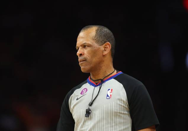 Apr 18, 2023; Phoenix, Arizona, USA; NBA referee Eric Lewis during the Phoenix Suns against the Los Angeles Clippers during game two of the 2023 NBA playoffs at Footprint Center. Mandatory Credit: Mark J. Rebilas-USA TODAY Sports