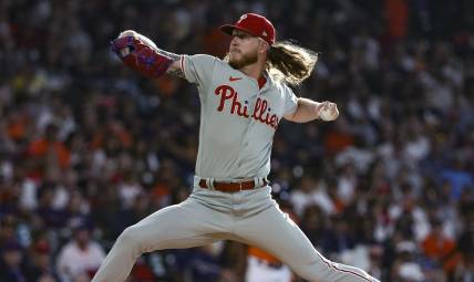 Apr 30, 2023; Houston, Texas, USA; Philadelphia Phillies starting pitcher Bailey Falter (70) delivers a pitch during the first inning against the Houston Astros at Minute Maid Park. Mandatory Credit: Troy Taormina-USA TODAY Sports