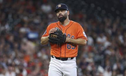 Apr 30, 2023; Houston, Texas, USA; Houston Astros starting pitcher Jose Urquidy (65) reacts during the game against the Philadelphia Phillies at Minute Maid Park. Mandatory Credit: Troy Taormina-USA TODAY Sports