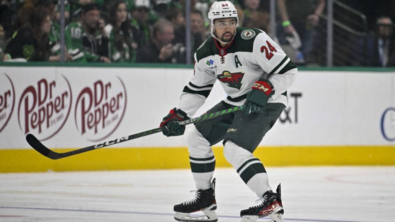 Apr 25, 2023; Dallas, Texas, USA; Minnesota Wild defenseman Matt Dumba (24) in action during the game between the Dallas Stars and the Minnesota Wild in game five of the first round of the 2023 Stanley Cup Playoffs at American Airlines Center. Mandatory Credit: Jerome Miron-USA TODAY Sports