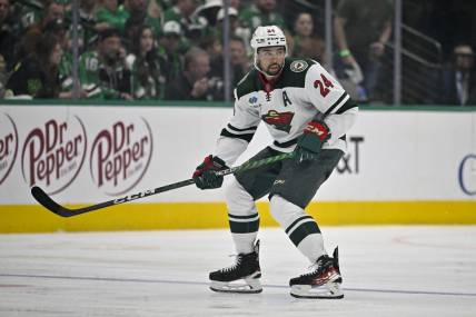 Apr 25, 2023; Dallas, Texas, USA; Minnesota Wild defenseman Matt Dumba (24) in action during the game between the Dallas Stars and the Minnesota Wild in game five of the first round of the 2023 Stanley Cup Playoffs at American Airlines Center. Mandatory Credit: Jerome Miron-USA TODAY Sports